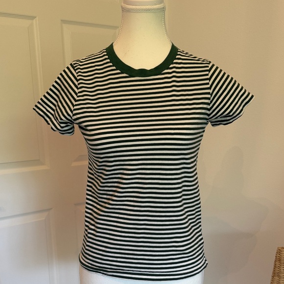 Alex Mill Striped Dark Green and White T-Shirt - Picture 1 of 4